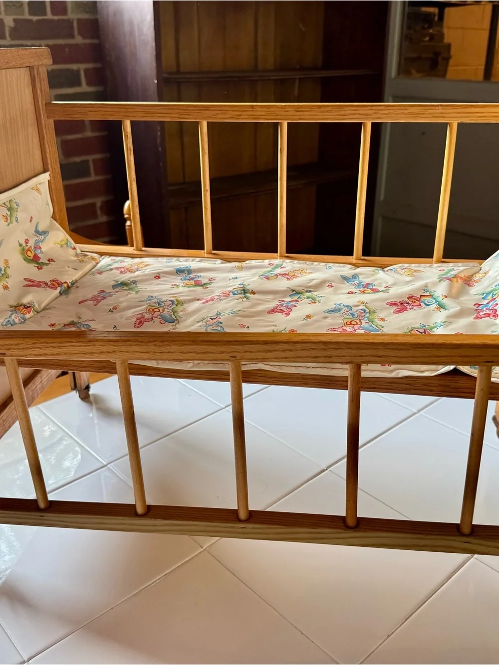 1960’s Vintage Natural Wood Doll Crib with Colorful Train Decal - CLEAN!